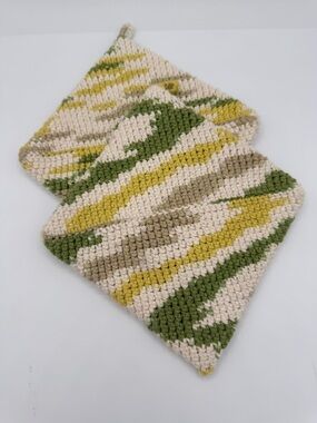 Handmade Crocheted Pot Holders in Cream, Olive Green & Mustard